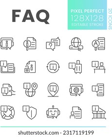 FAQ Pixel perfekte lineare Symbole gesetzt. Liste der Antworten und Fragen. Informationsbasis. Anpassbare Thin-Line-Symbole. Einzige Vektorgrafik-Rahmenillustrationen. Bearbeitbarer Strich. Poppins Schriftart verwendet