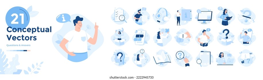 FAQ, Q and A, user guidance and technical support concept set - people reading manual, asking questions and giving answers, hotline spesialists providing information. Modern flat vector illustrations.