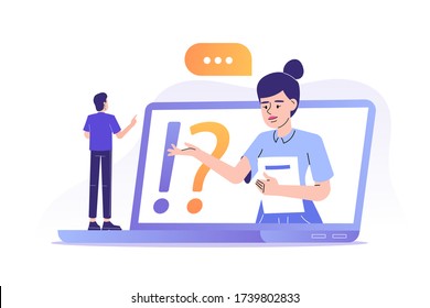 FAQ and Q&A concept. Confused man standing on big laptop, asking questions. Online customer support center. Frequently asked questions. Isolated vector illustration for web banner, poster, ui, app