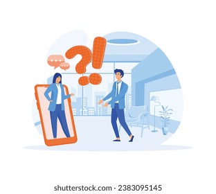 FAQ  QA concept. Confused man asking to online support center via smart phone. flat vector modern illustration 