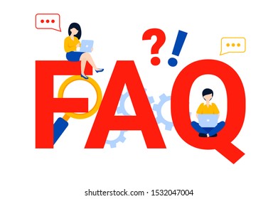 FAQ and Q&A flat vector ilustration concept. Small people, laptop. Can use for, landing page, template, web, app, poster, banner.