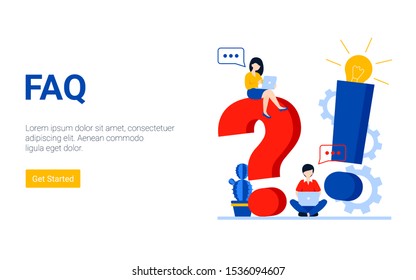 FAQ and Q&A flat vector ilustration concept. Small people with laptop. Can use for, landing page, template, web, app, poster, banner.