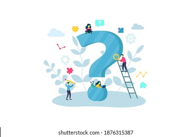 FAQ, QA online support center concept. Business people frequently asked questions around question mark. Vector illustration for banner, infographics, Landing page template with flat character