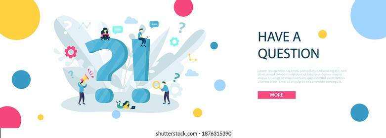 FAQ, QA online support center concept. Business people frequently asked questions around question mark. Vector illustration for banner, infographics, Landing page template with flat character