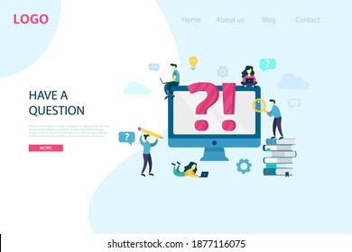 FAQ, QA online support center concept. Business people frequently asked questions around question mark. Vector illustration for banner, infographics, Landing page template with flat character