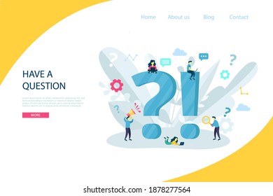FAQ, QA online support center concept. Business people frequently asked questions around question mark. Vector illustration for banner, infographics, Landing page template with flat character
