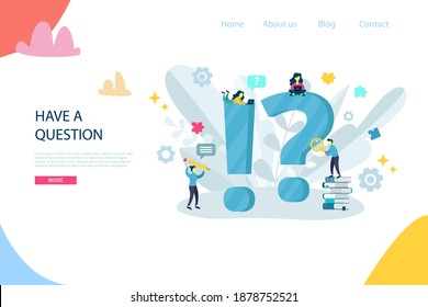 FAQ, QA Online Support Center Konzept. Geschäftsleute stellten häufig Fragen zu Fragezeichen. Vektorgrafik für Banner, Infografiken, Landing Page-Vorlage mit flachem Zeichen