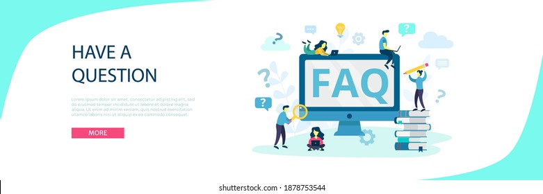 FAQ, QA online support center concept. Business people frequently asked questions around question mark. Vector illustration for banner, infographics, Landing page template with flat character