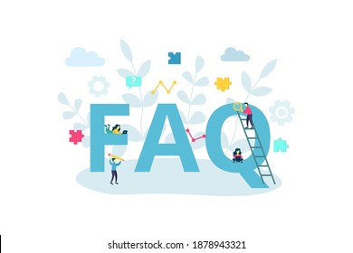 FAQ, QA online support center concept. Business people frequently asked questions around question mark. Vector illustration for banner, infographics, Landing page template with flat character