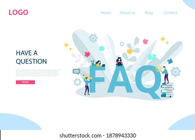 FAQ, QA online support center concept. Business people frequently asked questions around question mark. Vector illustration for banner, infographics, Landing page template with flat character