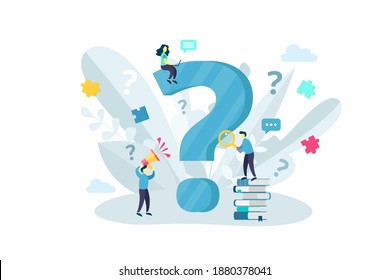 FAQ, QA online support center concept. Business people frequently asked questions around question mark. Vector illustration for banner, infographics, Landing page template with flat character