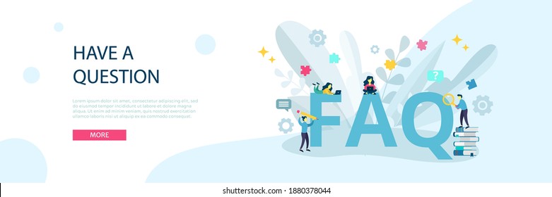 FAQ, QA online support center concept. Business people frequently asked questions around question mark. Vector illustration for banner, infographics, Landing page template with flat character
