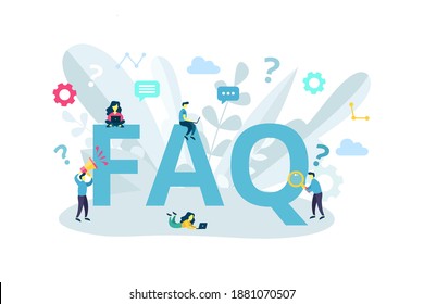 FAQ, QA online support center concept. Business people frequently asked questions around question mark. Vector illustration for banner, infographics, Landing page template with flat character