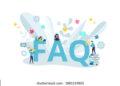 FAQ, QA online support center concept. Business people frequently asked questions around question mark. Vector illustration for banner, infographics, Landing page template with flat character