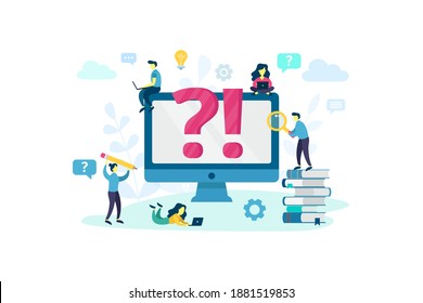 FAQ, QA online support center concept. Business people frequently asked questions around question mark. Vector illustration for banner, infographics, Landing page template with flat character