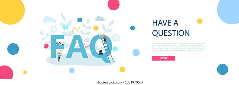 FAQ, QA online support center concept. Business people frequently asked questions around question mark. Vector illustration for banner, infographics, Landing page template with flat character