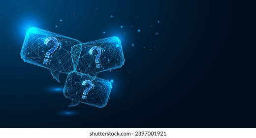 FAQ, QA questions and answers supposrt service futuristic concept with speech bubbles and question marks in glowing low polygonal style on blue background. Modern abstract design vector illustration.