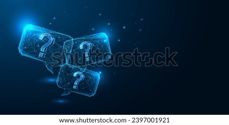 FAQ, QA questions and answers supposrt service futuristic concept with speech bubbles and question marks in glowing low polygonal style on blue background. Modern abstract design vector illustration.