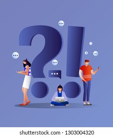 FAQ and Q&A vector illustration concept, people asking to online support center via smartphone and laptop, can use for landing page template, ui, web, mobile app, poster, banner, flyer. Characters
