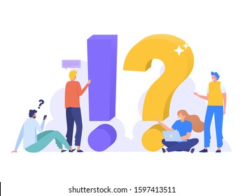 FAQ and QA vector ilustration concept, People Characters Standing next to Question Marks. Woman and Man  Online Support center. Flat Vector Illustration, can use for, landing page, template, ui, web