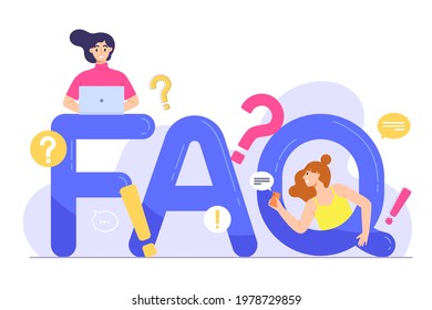 FAQ with question marks and exclamation marks and two female using smartphone and laptop. Concept of Frequently asked questions, answer, questionnaire. Illustration for banner. Flat vector character.