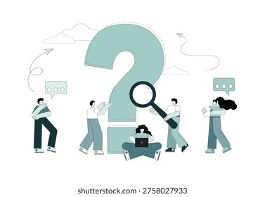 FAQ. Question. People around the question mark are looking for an answer. A solution to a problem, a question