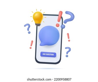 FAQ, Questions and answers 3D render illustration. Questions with a choice of answers. Online survey, statistical study, survey, questionnaire. Questionnaire exam checklist icon. 3d smartphone vector