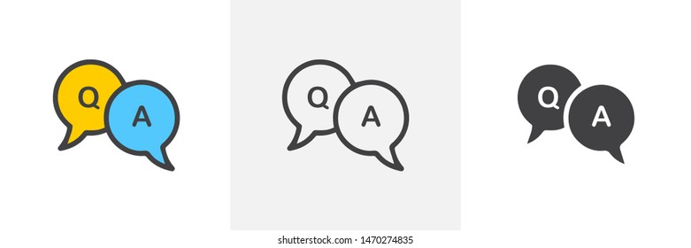 FAQ, questions and answers icon. Line, glyph and filled outline colorful version, Q and A speech outline and filled vector sign. Symbol, logo illustration. Different style icons set. Vector graphics