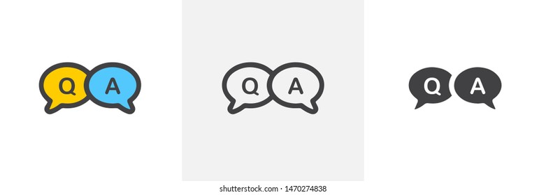 FAQ, questions and answers icon. Line, glyph and filled outline colorful version, Q and A speech outline and filled vector sign. Symbol, logo illustration. Different style icons set. Vector graphics