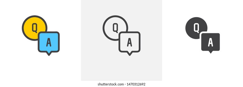 FAQ, questions and answers icon. Line, glyph and filled outline colorful version, Q and A speech outline and filled vector sign. Symbol, logo illustration. Different style icons set. Vector graphics