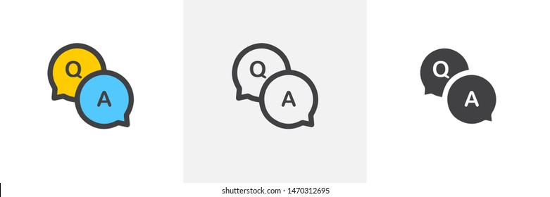 FAQ, questions and answers icon. Line, glyph and filled outline colorful version, Q and A speech outline and filled vector sign. Symbol, logo illustration. Different style icons set. Vector graphics