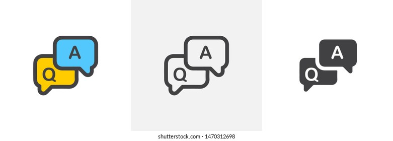 FAQ, questions and answers icon. Line, glyph and filled outline colorful version, Q and A speech outline and filled vector sign. Symbol, logo illustration. Different style icons set. Vector graphics