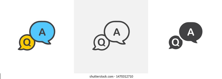 FAQ, questions and answers icon. Line, glyph and filled outline colorful version, Q and A speech outline and filled vector sign. Symbol, logo illustration. Different style icons set. Vector graphics