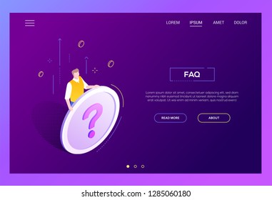 FAQ section - modern isometric vector web banner on white background with copy space for text. High quality image with a man, manager holding a big button with question mark. Perfect for websites
