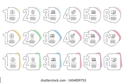 Faq, Seo laptop and Touch screen line icons set. Infographic timeline. Idea, Loan percent and Startup rocket signs. Web support, Search engine, Lightbulb. Discount. Technology set. Vector