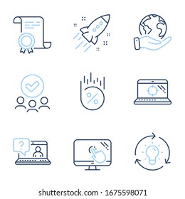 Faq, Seo laptop and Touch screen line icons set. Diploma certificate, save planet, group of people. Idea, Loan percent and Startup rocket signs. Web support, Search engine, Lightbulb. Discount. Vector