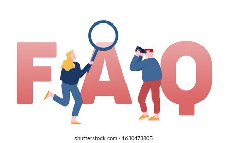 Faq Service Concept. People with Binoculars and Magnifier Asking Questions, User Manual or Guide, Customers Search Useful Information Poster Banner Flyer Brochure. Cartoon Flat Vector Illustration