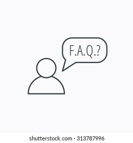 FAQ service icon. Support speech bubble sign. Human symbol. Linear outline icon on white background. Vector
