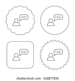 FAQ service icon. Support speech bubble sign. Human symbol. Flat circle, star and emblem buttons. Labels design. Vector