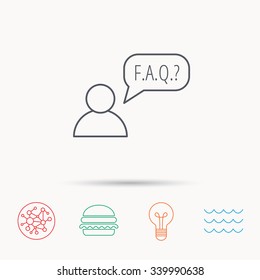 FAQ service icon. Support speech bubble sign. Human symbol. Global connect network, ocean wave and burger icons. Lightbulb lamp symbol.