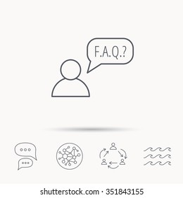 FAQ service icon. Support speech bubble sign. Human symbol. Global connect network, ocean wave and chat dialog icons. Teamwork symbol.