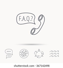 FAQ service icon. Support speech bubble sign. Phone symbol. Global connect network, ocean wave and chat dialog icons. Teamwork symbol.