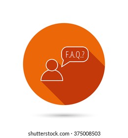 FAQ service icon. Support speech bubble sign. Human symbol. Round orange web button with shadow.