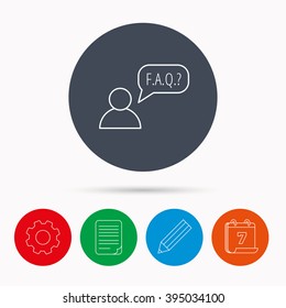 FAQ service icon. Support speech bubble sign. Human symbol. Calendar, cogwheel, document file and pencil icons.