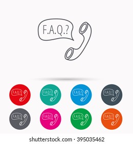 FAQ service icon. Support speech bubble sign. Phone symbol. Linear icons in circles on white background.