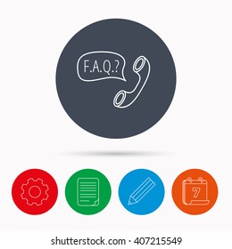 FAQ service icon. Support speech bubble sign. Phone symbol. Calendar, cogwheel, document file and pencil icons.