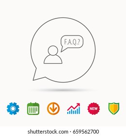 FAQ service icon. Support speech bubble sign. Human symbol. Calendar, Graph chart and Cogwheel signs. Download and Shield web icons. Vector