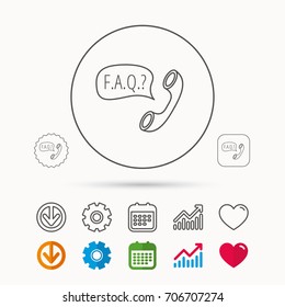 FAQ service icon. Support speech bubble sign. Phone symbol. Calendar, Graph chart and Cogwheel signs. Download and Heart love linear web icons. Vector