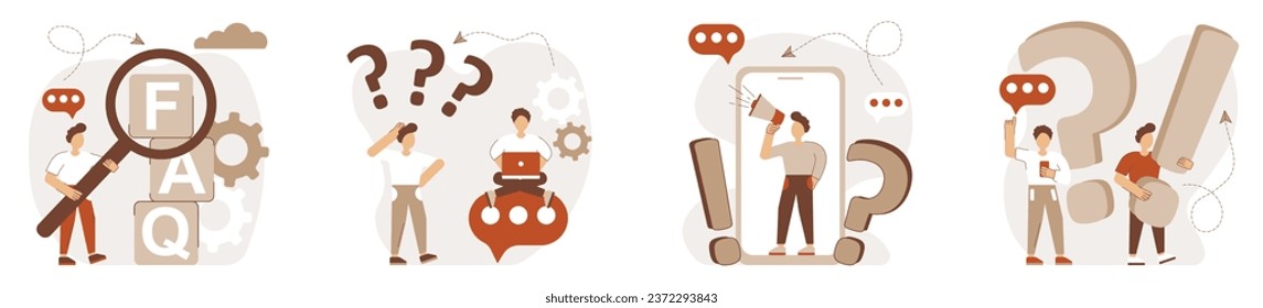 FAQ set. Concept of request, question.Questions, information requests, questions and support questions, problem answers, help. Support of problems and their resolution.Vector illustration.