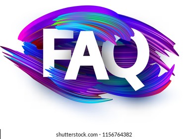 Faq sign with blue spectrum brush strokes on white background. Colorful gradient brush design. Helpdesk or website support template. Vector paper illustration.